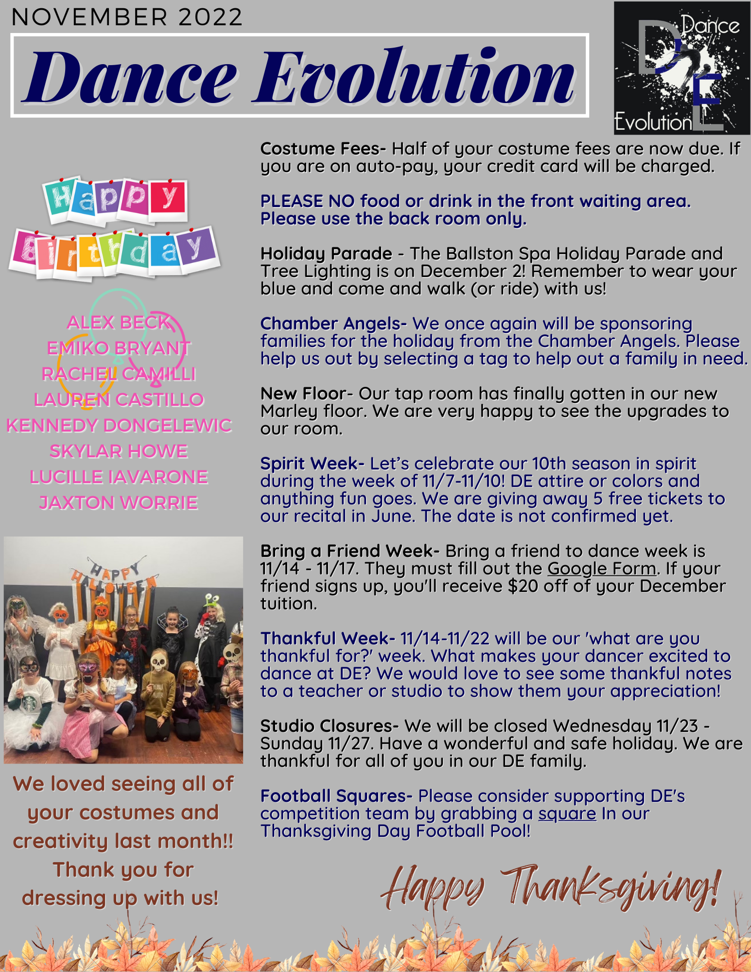 Dance Evolution newsletters for current students and families